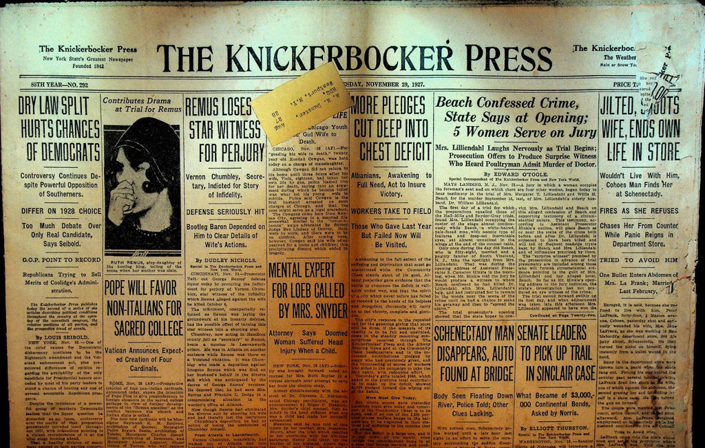 Knickerbocker Press Albany NY November 29 1927 Ruth Remus Prohibition0