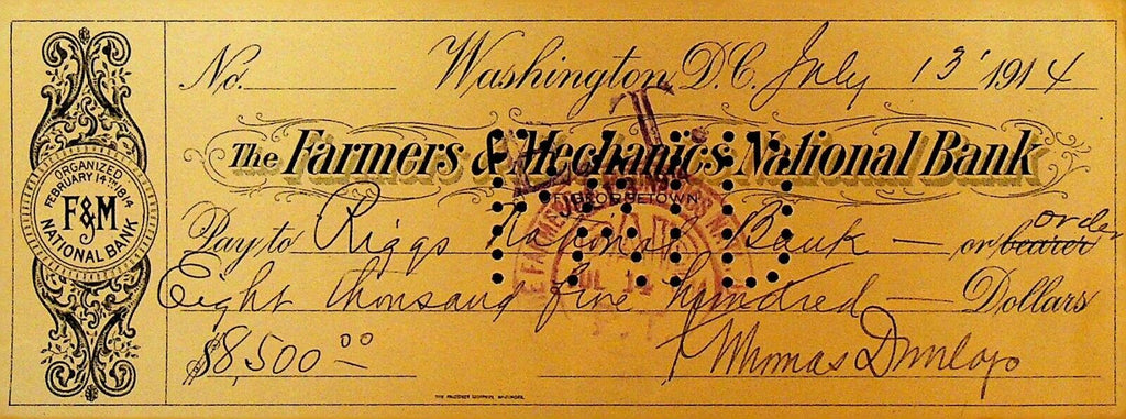 Farmers and Mechanics National Bank Check 1914 Washington DC