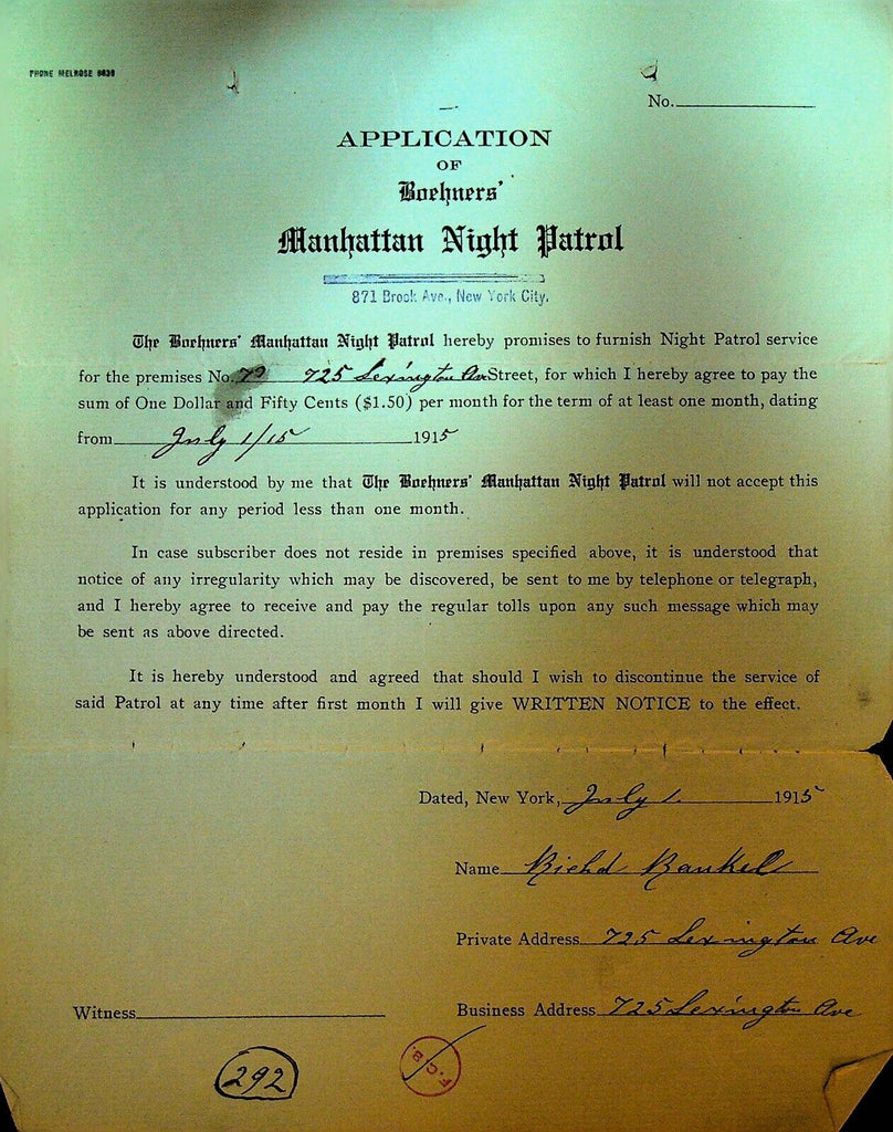 Boehners Manhattan Night Patrol Signed Contract 1915 Biehel Bankel 725 Lexington