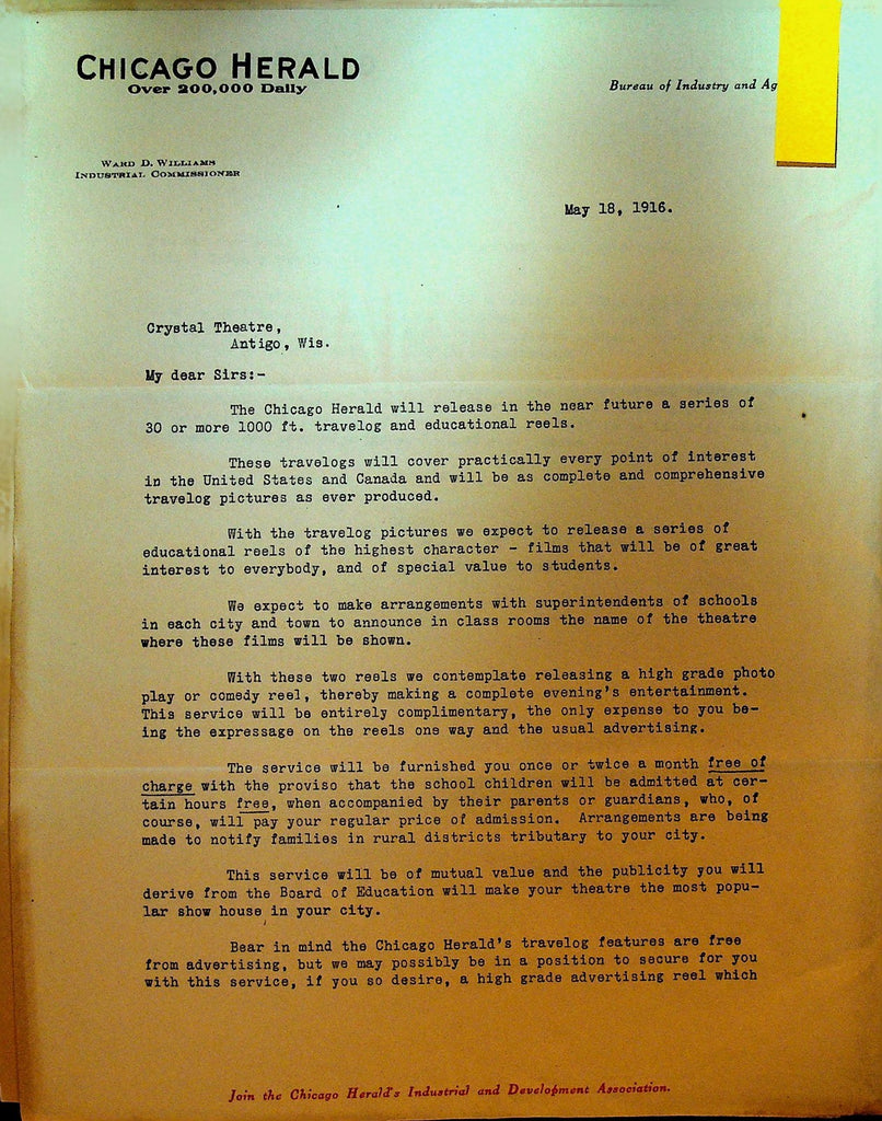 Chicago Herald Letterhead May 18 1916 Traveling & Educational Reels0