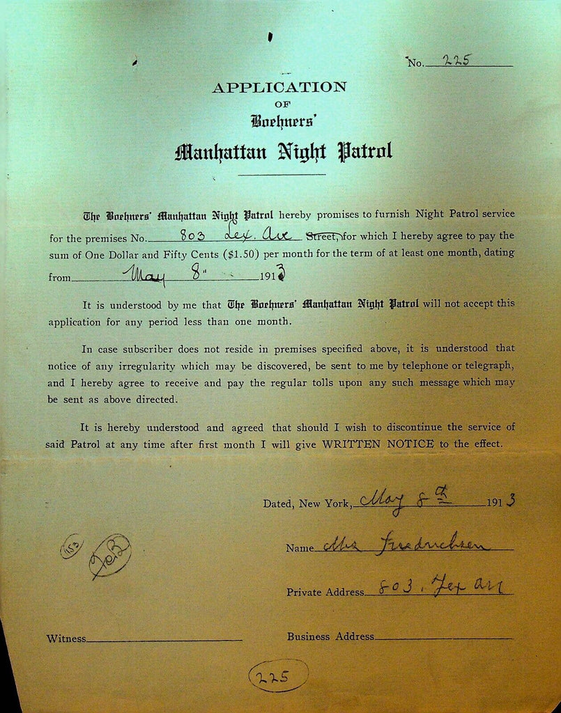 Boehners Manhattan Night Patrol Signed Contract 1913 Mrs Fredericksen Lexington