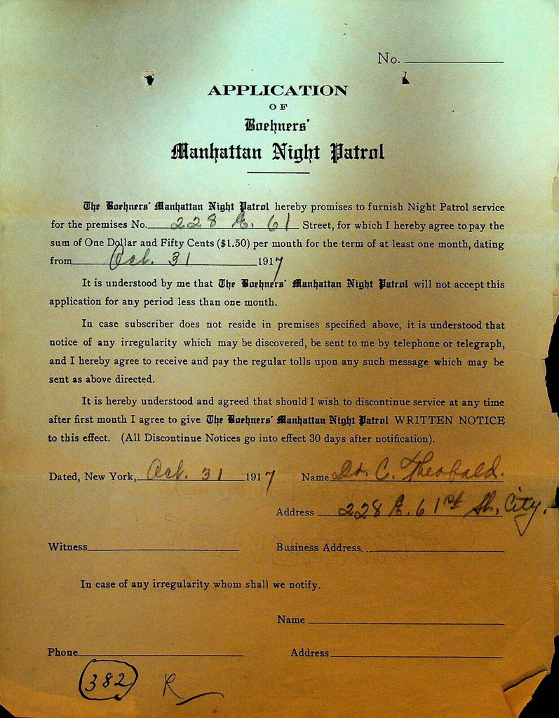 Boehners Manhattan Night Patrol Signed Contract 1917 HC Theobald 228 E 61st St