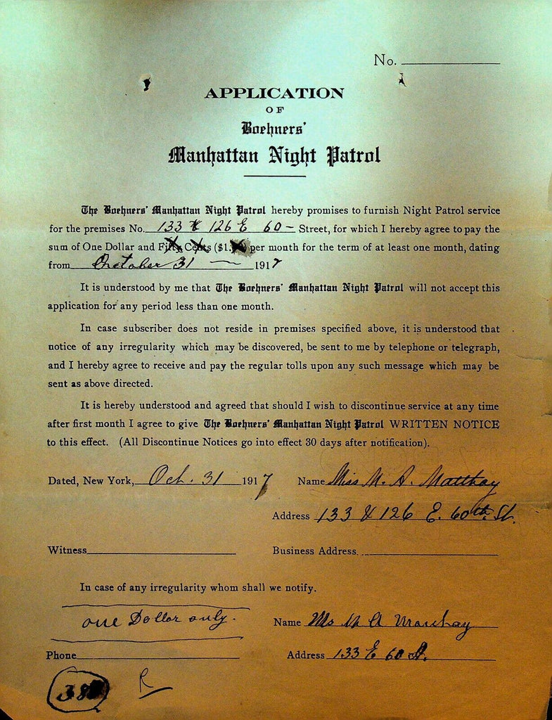 Boehners Manhattan Night Patrol Signed Contract 1917 Miss MD Matthaay 133 E 60th
