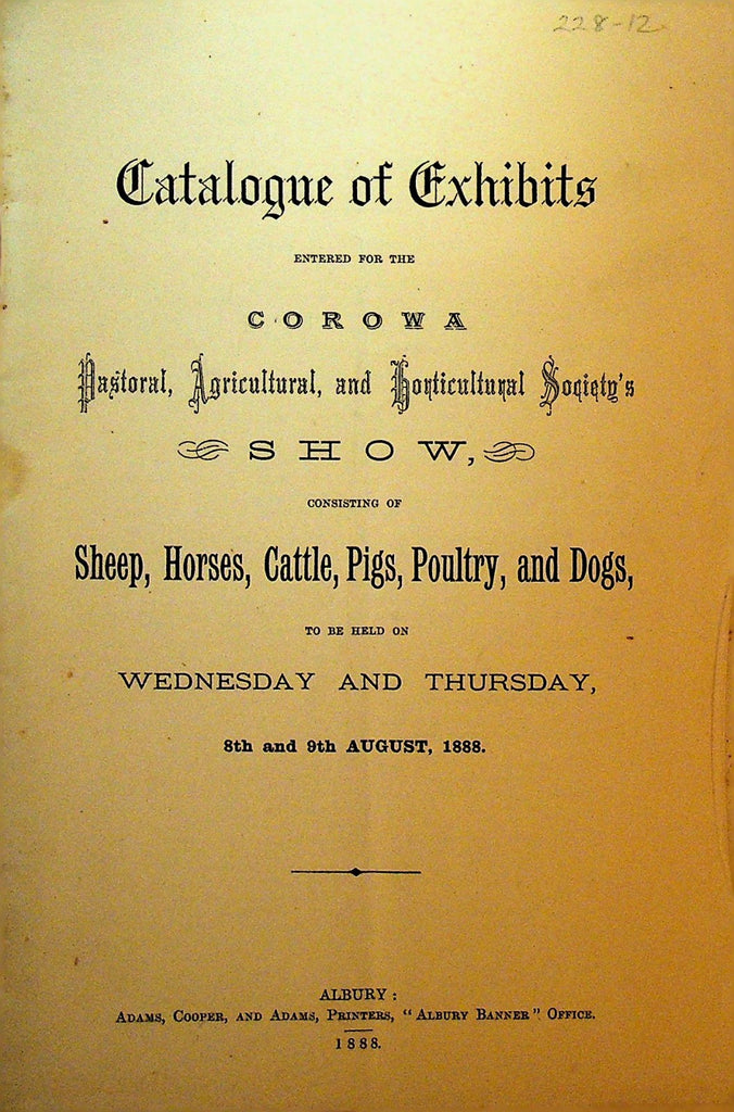 Catalogue of Events Corowa NSW Australia 1888 Pastoral Agricultural Show0