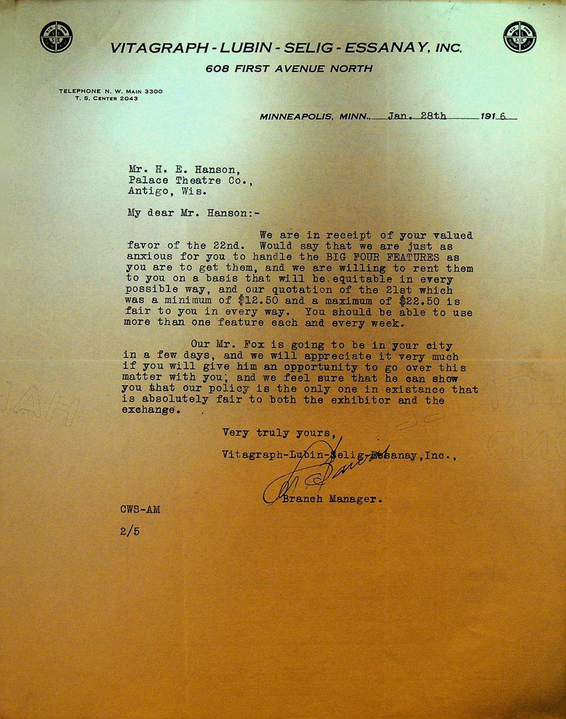 Vitagraph Lubin Selig Essanay Letterhead January 28 1916 Big Four Features0