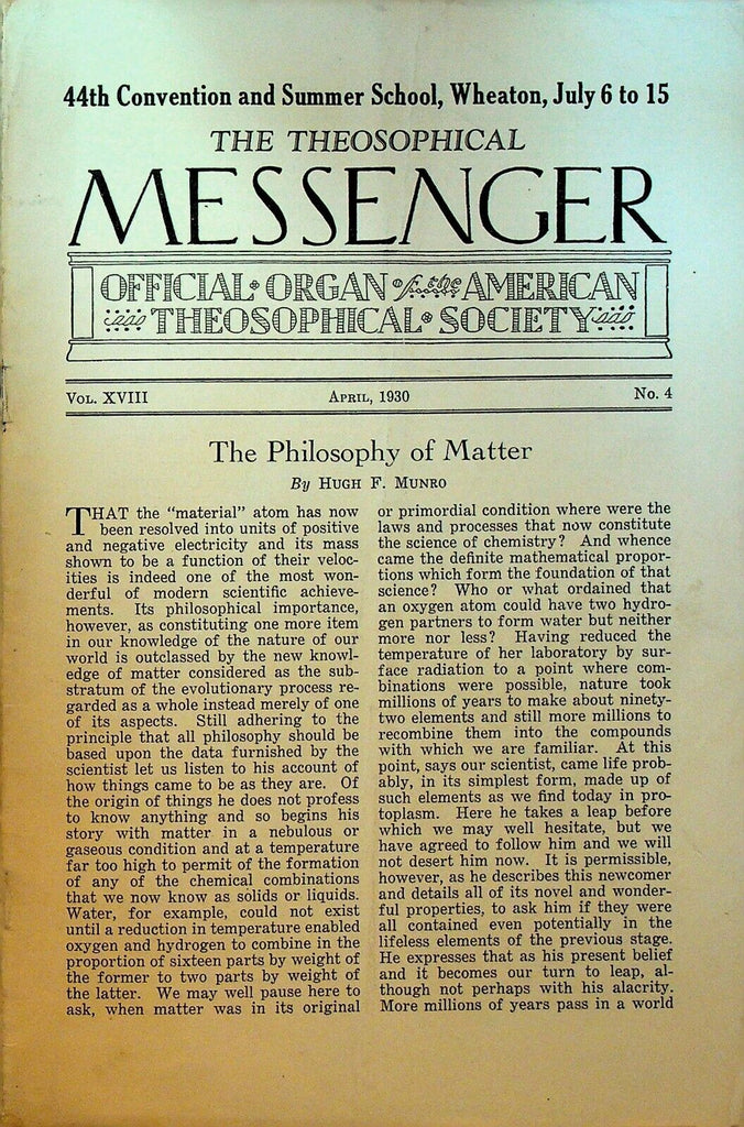 Theosophical Messenger Magazine April 1930 Hugh Munro