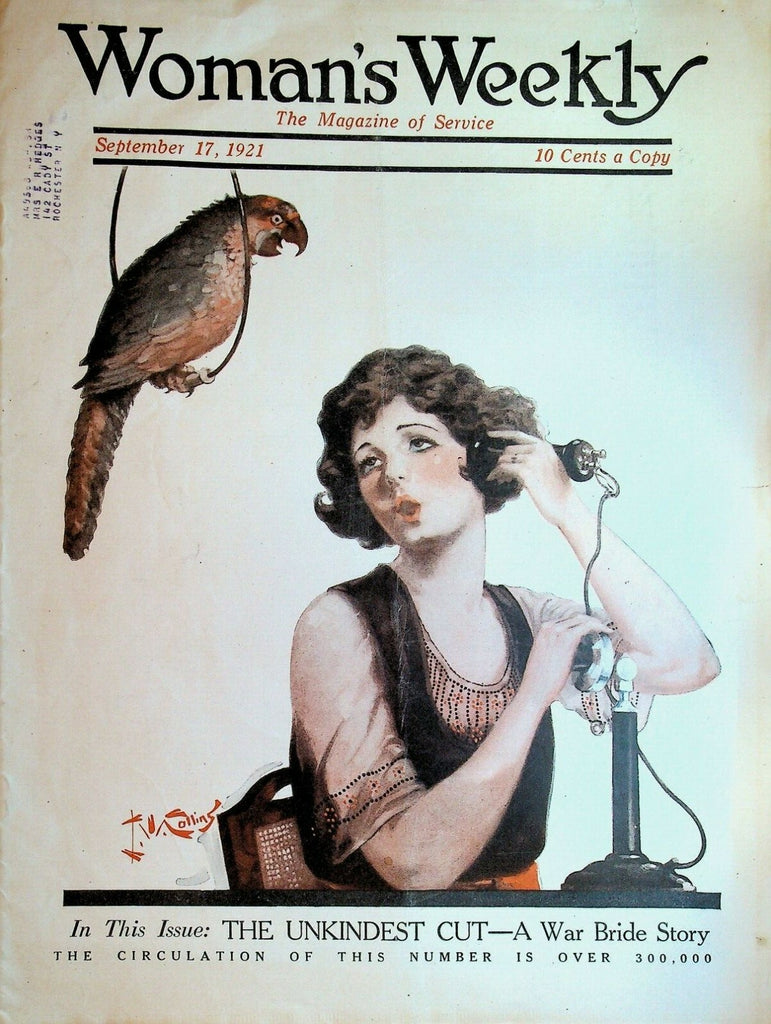 Woman's Weekly Magazine September 17 1921 Parrot Stick Telephone Emile Loring 0