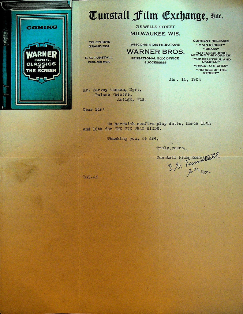 Tunstall Film Exchange Letterhead January 11 1924 The Tie That Binds0