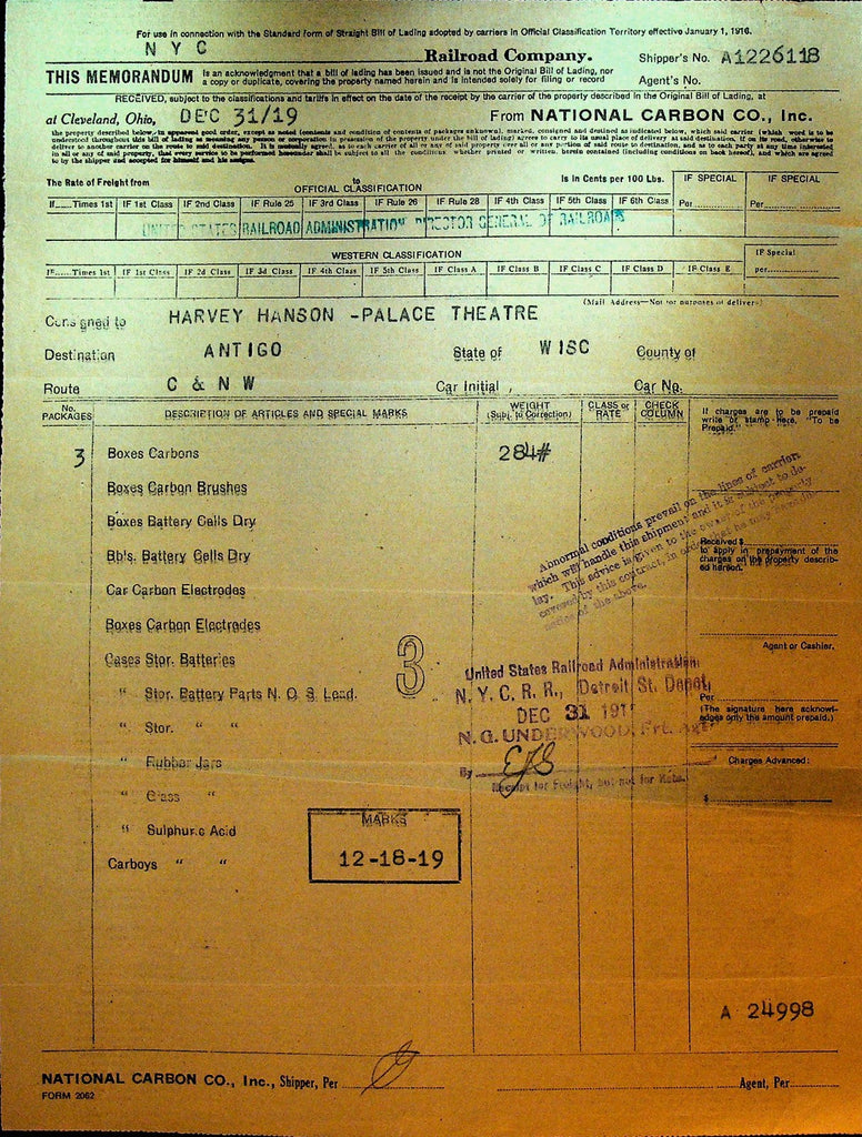 National Carbon Co Bill of Lading Memorandum December 31 1919 to Antigo Wi0