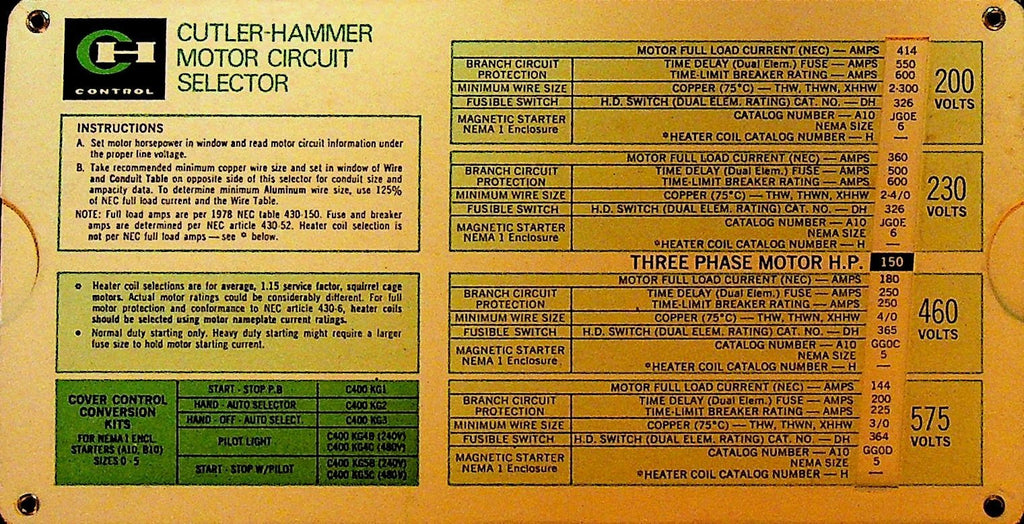 Cutler Hammer Motor Circuit Selector 1978 T&G Electrical Supplies Geneva NY0