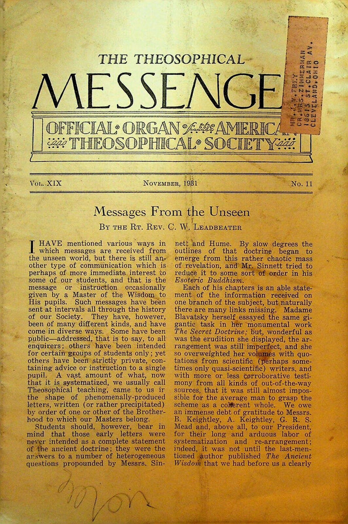 American Theosophical Messenger November 1931 CW Leadbeater