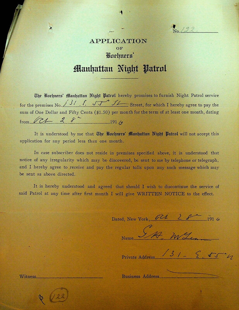 Boehners Manhattan Night Patrol Signed Contract 1910 SH McLean 131 E 55th St