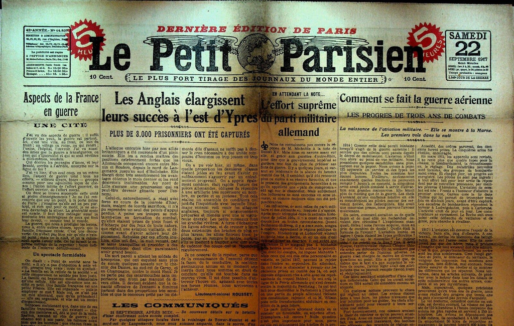 Le Petit Parisien WWI Newspaper France September 22 1917 Ypres Battle