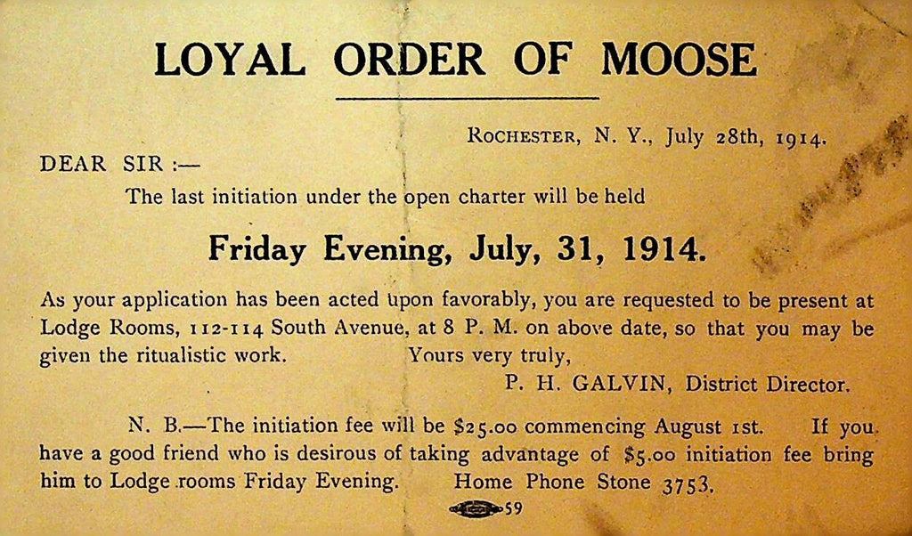 Loyal Order of Moose Rochester NY Postal Card 1914 Initiation0