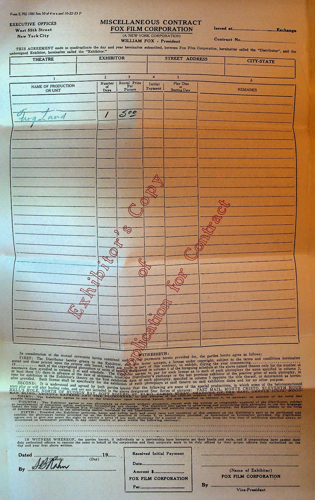 Fox Film Corporation Miscellaneous Contract 1920s0