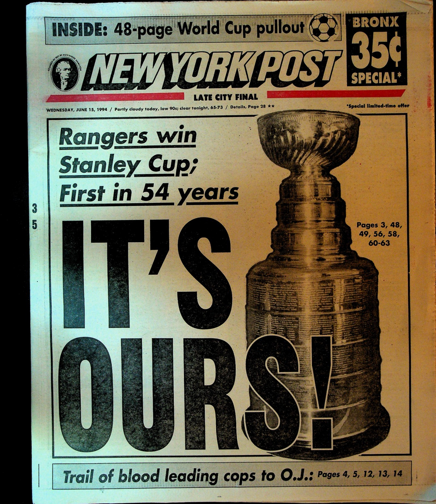 New York Post June 15 1994 World Cup Soccer New York Rangers Stanley Cup0