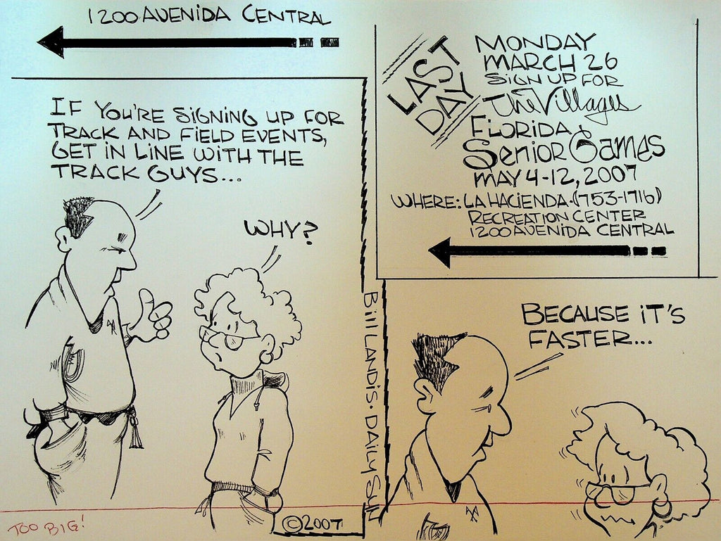 Bill Landis Original Cartoon Art The Villages Daily Sun 2007 Senior Games