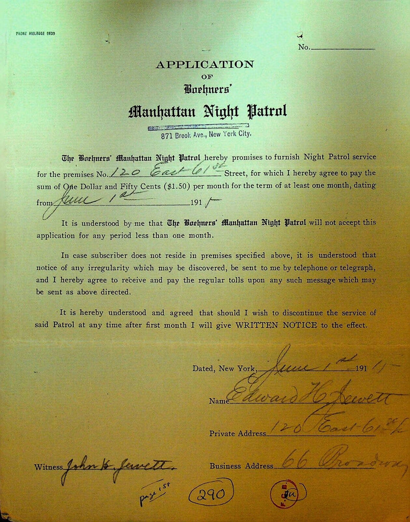Boehners Manhattan Night Patrol Signed Contract 1915 Edward Jewett 120 E 61 St