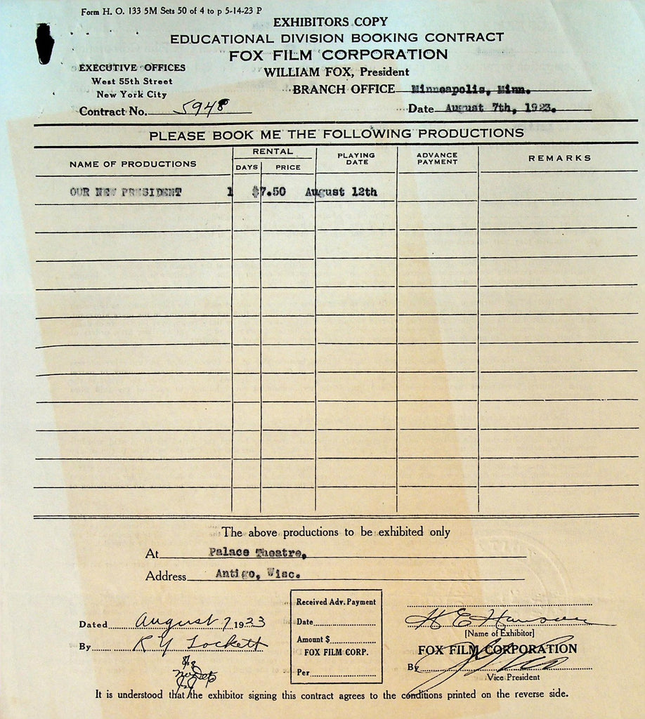 Fox Film Booking Contract August 7 1923 Our New President0