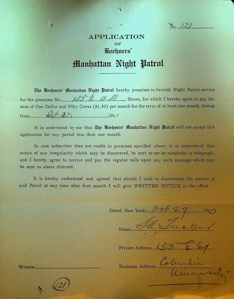 Boehners Manhattan Night Patrol Signed Contract 1910 S Tucker 155 E 61st St