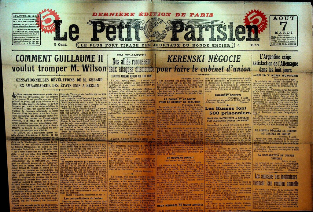 Le Petit Parisien WWI Newspaper France August 7 1917 German Emperor William II