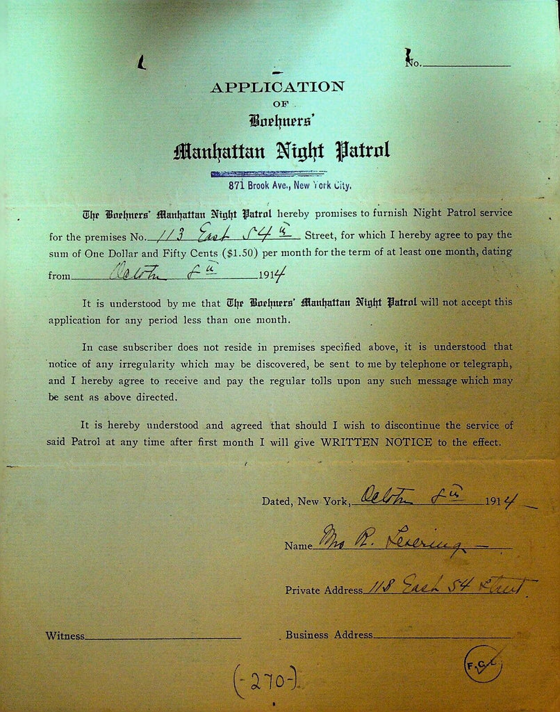 Boehners Manhattan Night Patrol Signed Contract 1914 113 East 54th St