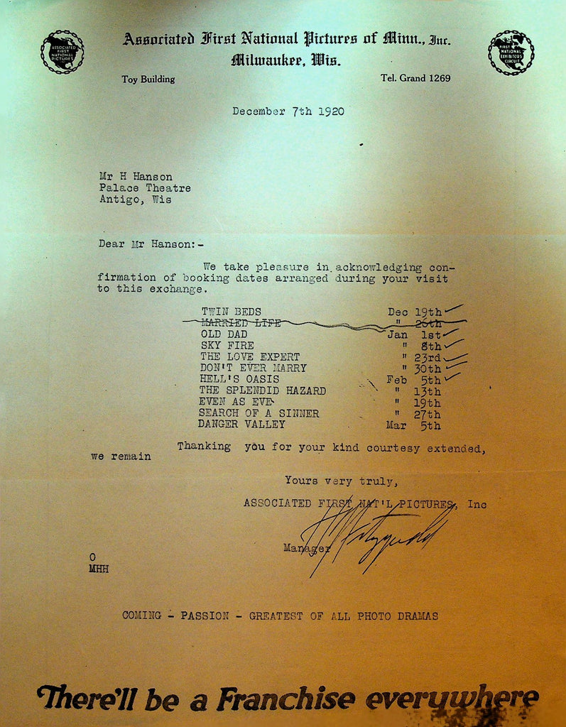 Associated First National Pictures Letterhead December 7 1920 Danger Valley0
