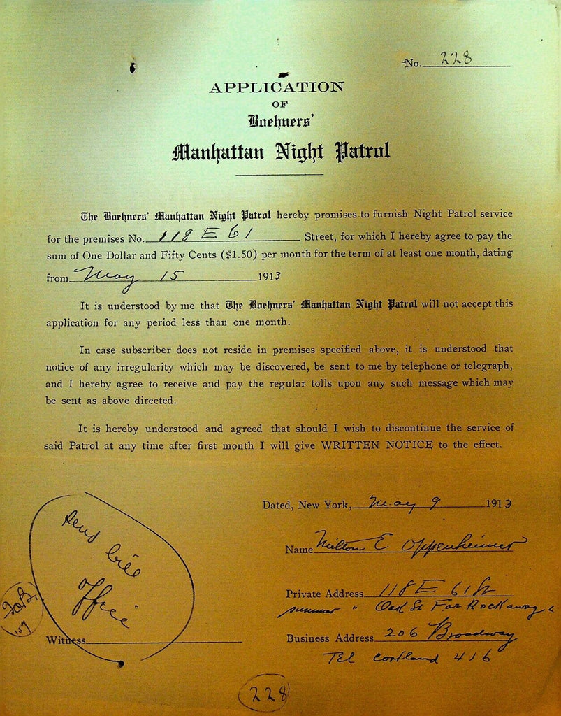 Boehners Manhattan Night Patrol Signed Contract 1913 Milton Oppenheimer