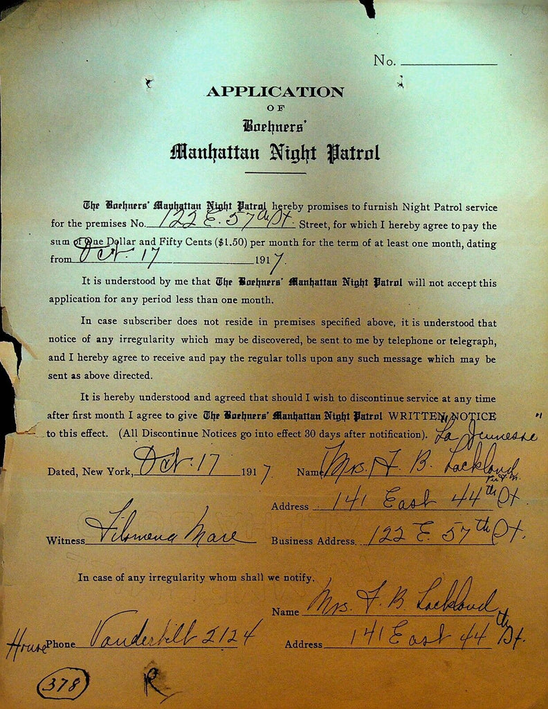 Boehners Manhattan Night Patrol Signed Contract 1917 Mrs HB Lackland Lockland