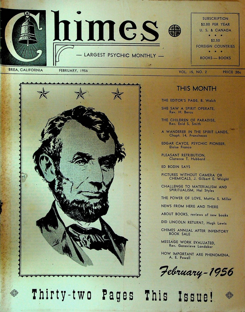 Chimes Magazine Psychic February 1956 Abraham Lincoln Edgar Cayce Eloise Franco