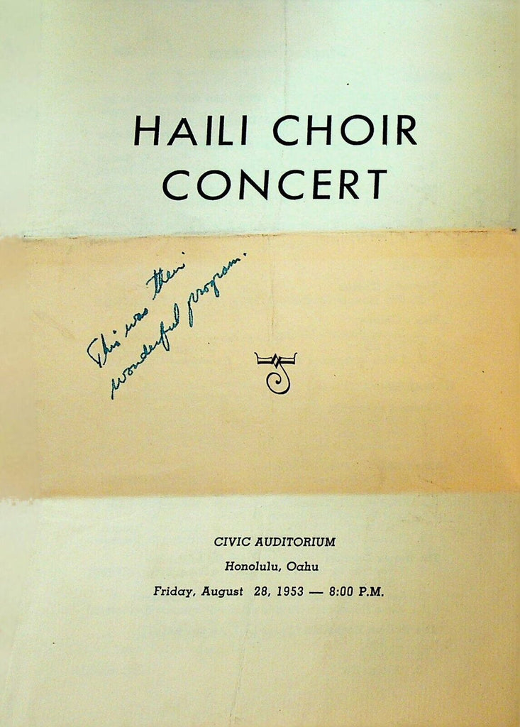 Haili Choir Concert Program August 28 1953 Honolulu Hawaii
