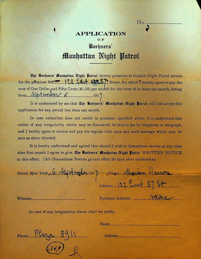 Boehners Manhattan Night Patrol Signed Contract 1917 122 East 57th Street