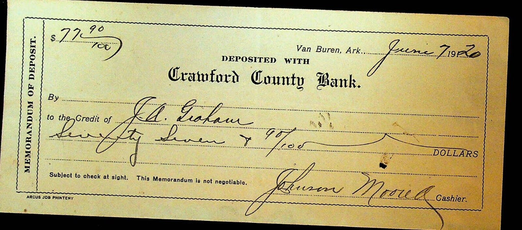 Crawford County Bank Van Buren Arkansas Used Deposit Memorandum 1912