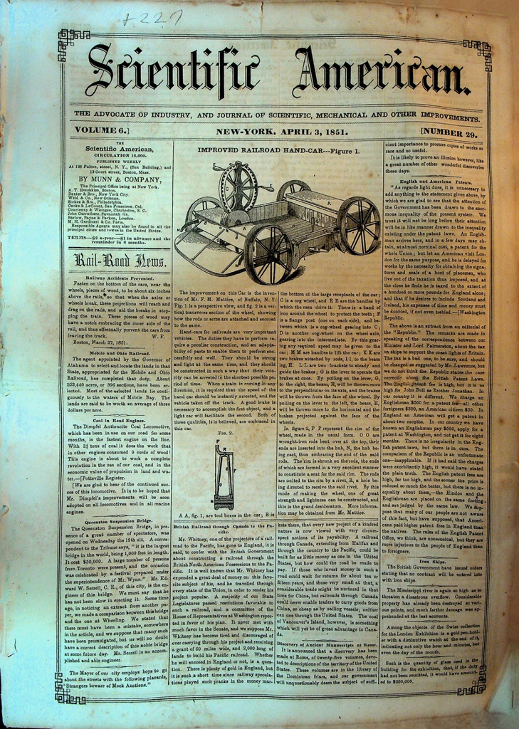 Scientific American April 3 1851 Railroad Hand Car American Locomotive0