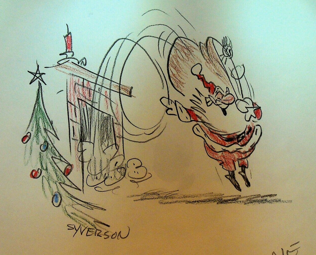 Henry S Syverson Original Art Santa Claus Doing Flip Out of Fireplace