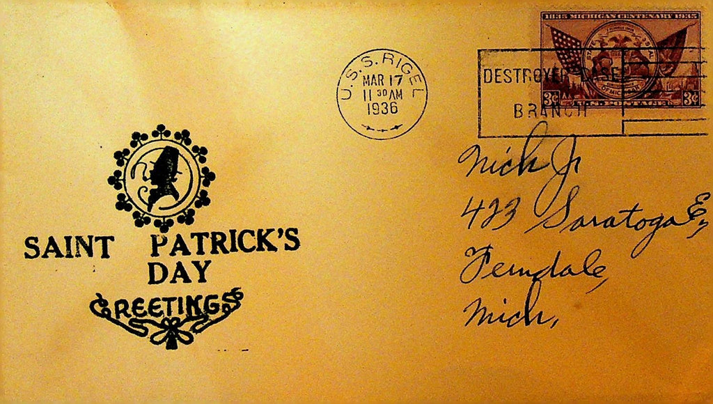 Saint Patrick's Day Cover March 17 1936 USS Rigel Destroyer Cancel0