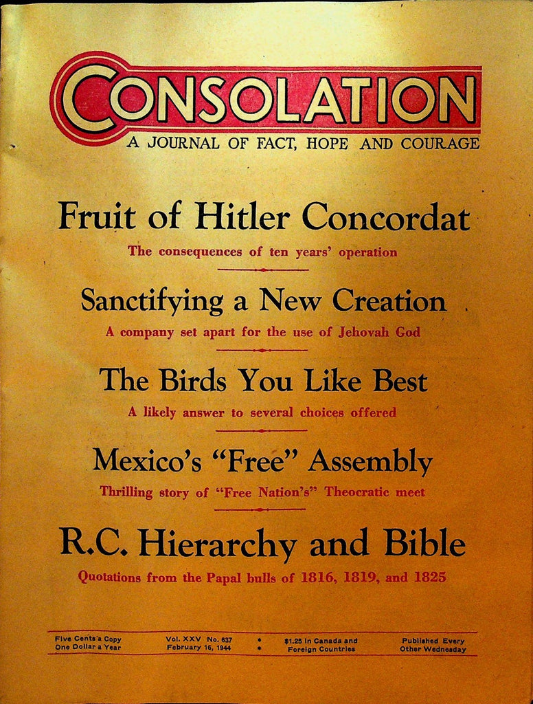 Consolation Magazine February 16 1944 Watchtower Jehovah's Witness Adolf Hitler0