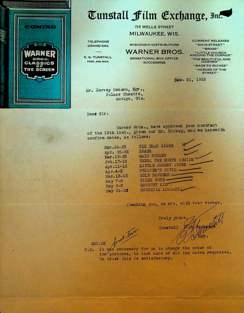 Tunstall Film Exchange Letterhead December 31 1923 Tiger Rose Printer's Devil0