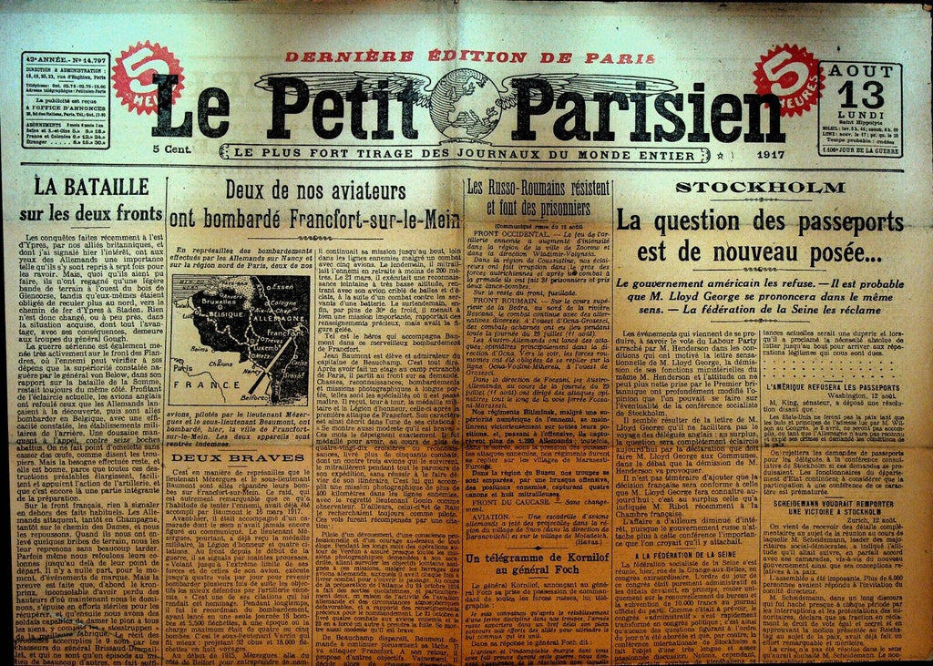 Le Petit Parisien WWI Newspaper France August 13 1917 Eastern Western Fronts