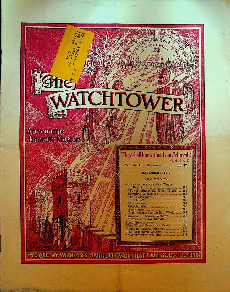The Watchtower Magazine Jehovah's Witness September 1 1942 New World Atonement0