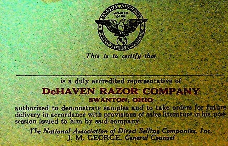 DeHaven Razor Company Swanton Ohio Representative Card