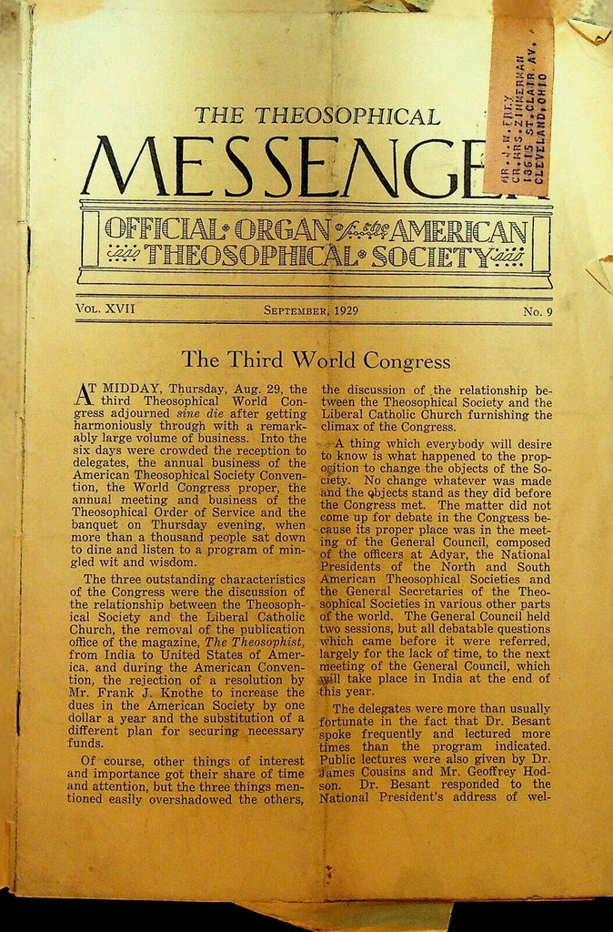 Theosophical Messenger Magazine September 1929 Third World Congress