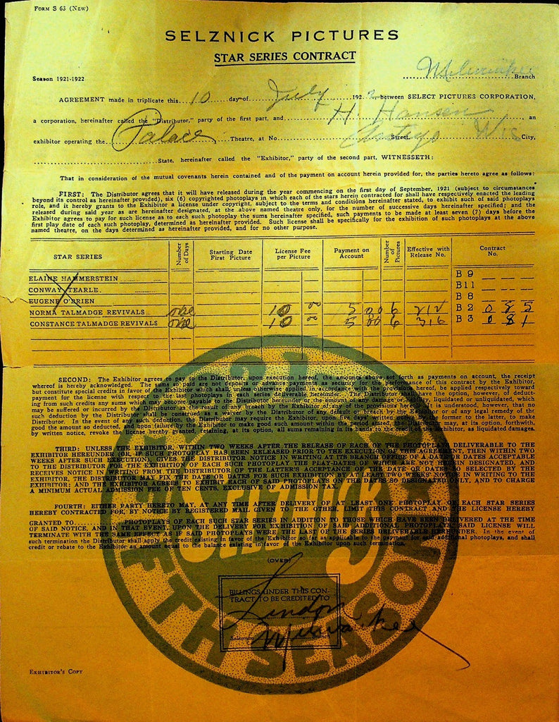 Selznick Pictures Star Series Contract July 10 1922 Norma Constance Talmadge0