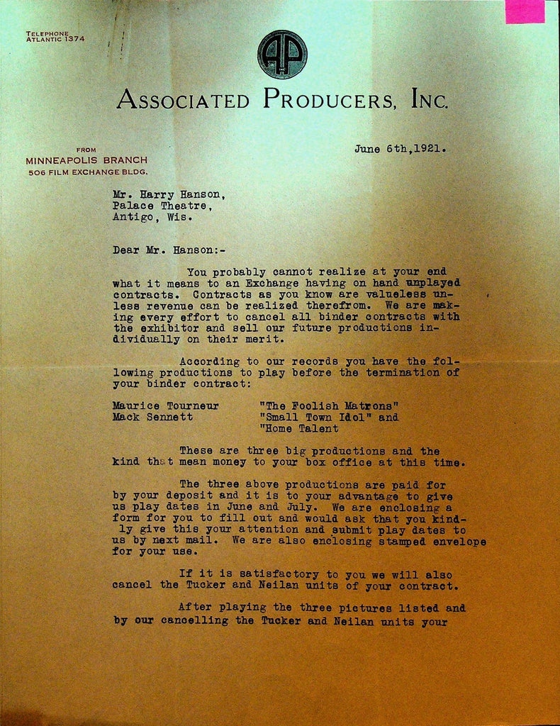 Associated Producers Letterhead June 6 1921 Mack Sennett Maurice Tourneur0