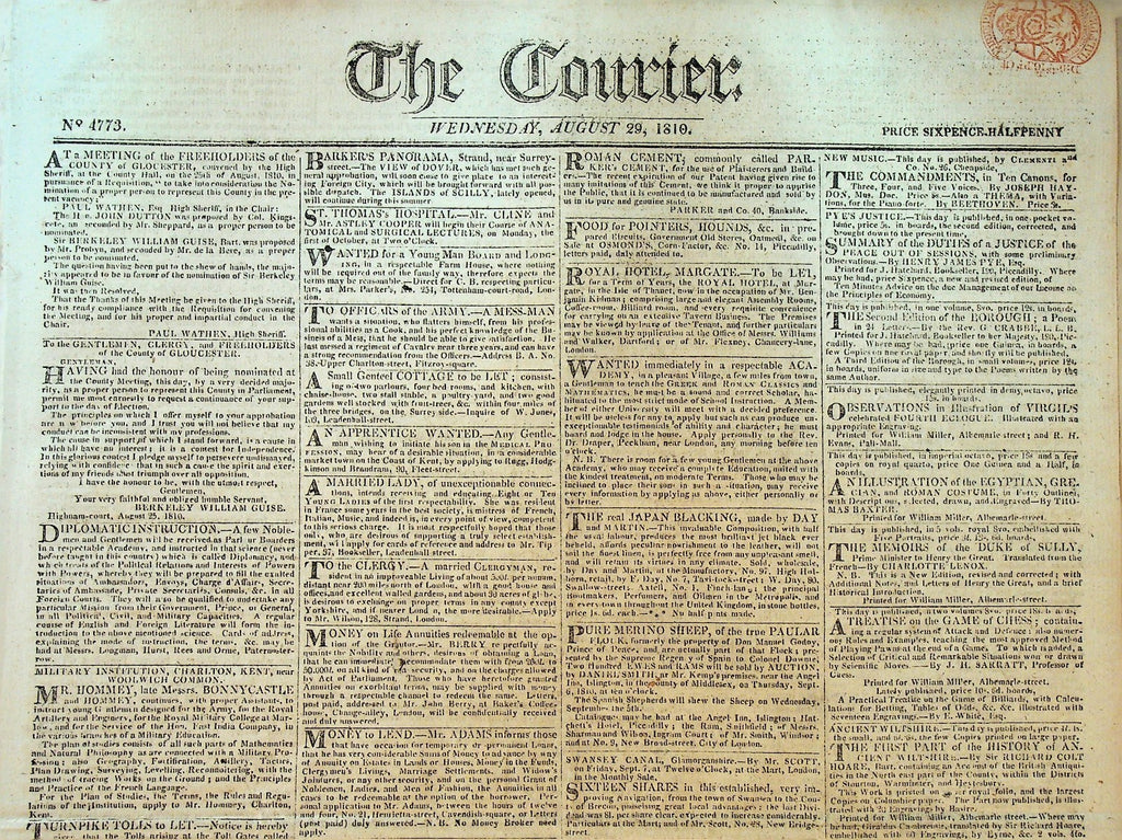 The Courier August 29 1810 England Thomas Jefferson North of Spain Ships0
