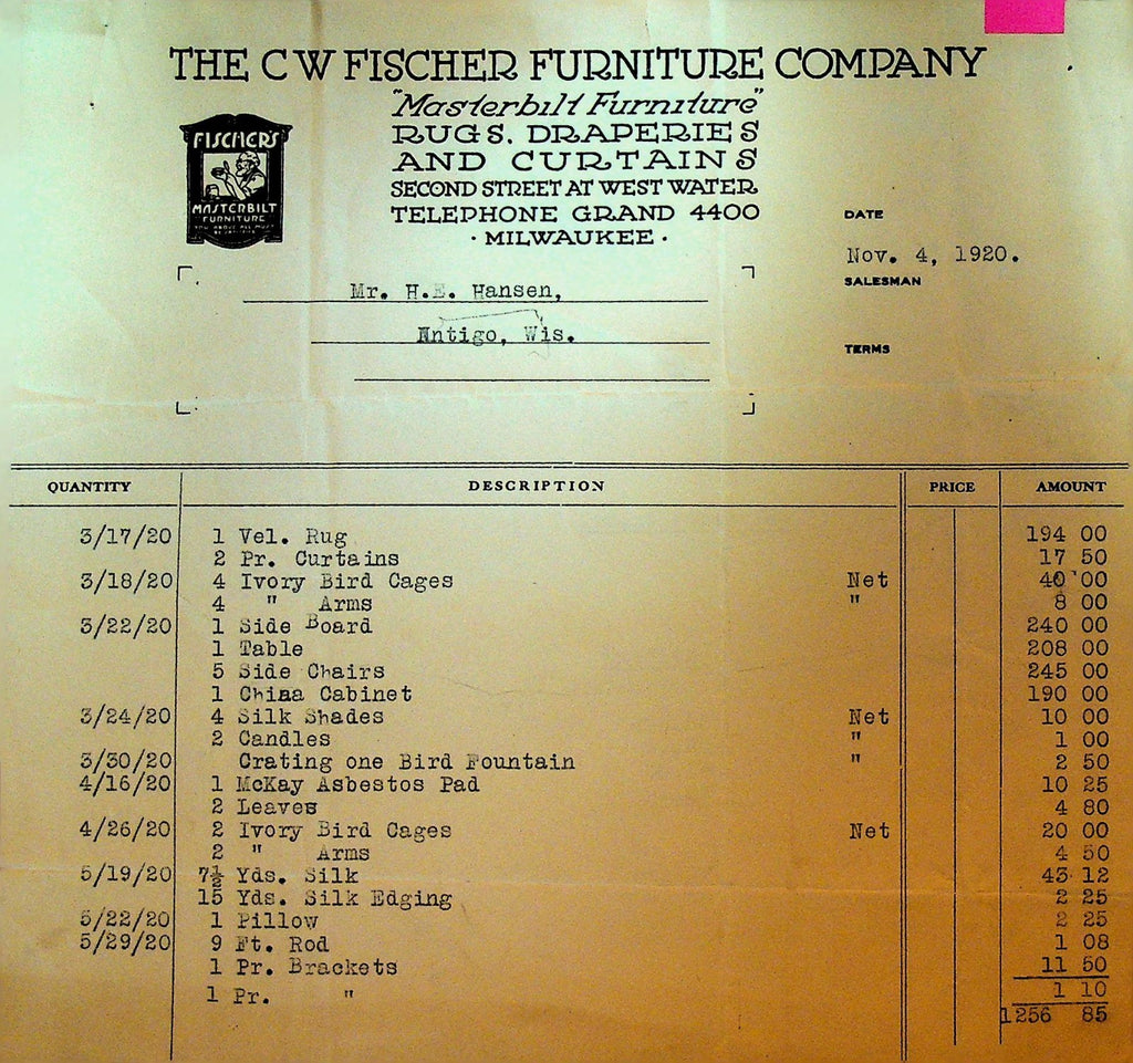 CW Fischer Furniture Co Invoice November 4 1920 Milwaukee Wisconsin0