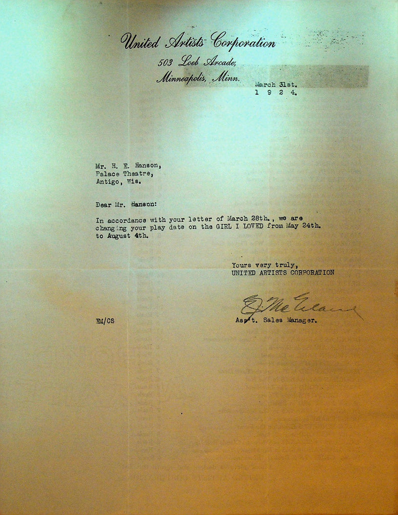 United Artists Letterhead March 31 1924 Girl I Loved Silent Film0