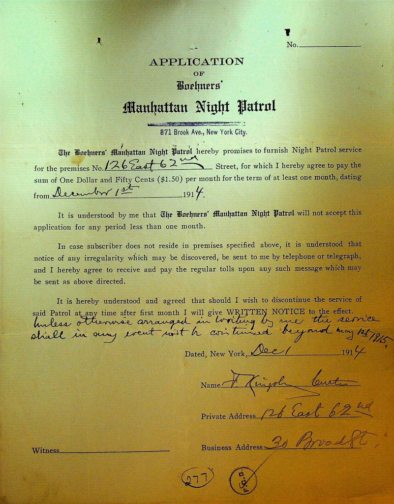 Boehners Manhattan Night Patrol Signed Contract 1915 F Curtis 126 E 62nd St