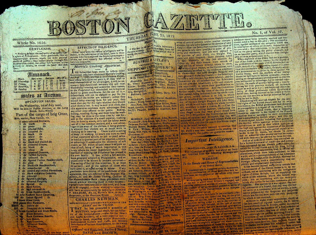 Boston Gazette June 25 1812 Declaration of War Against England James Madison0