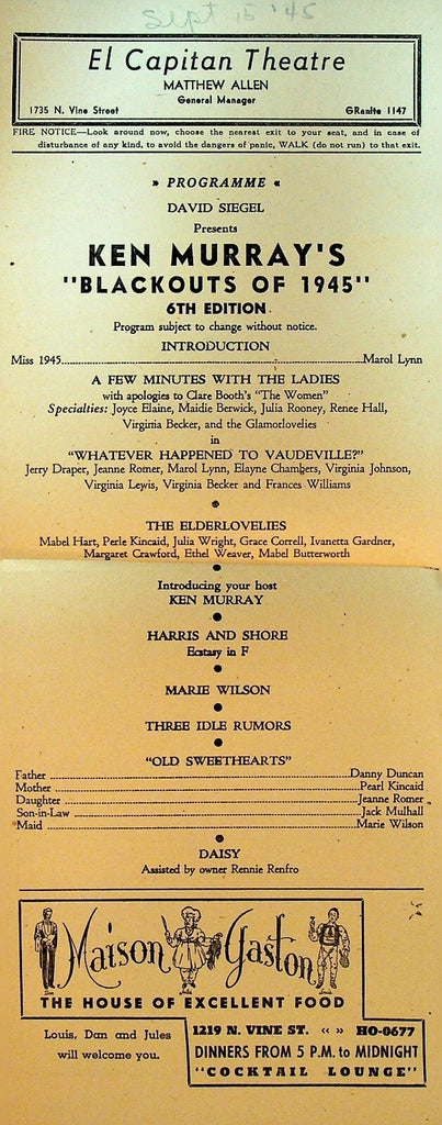 Ken Murray's Blackouts of 1945 Broadside Marie Wilson El Capitan Theatre0